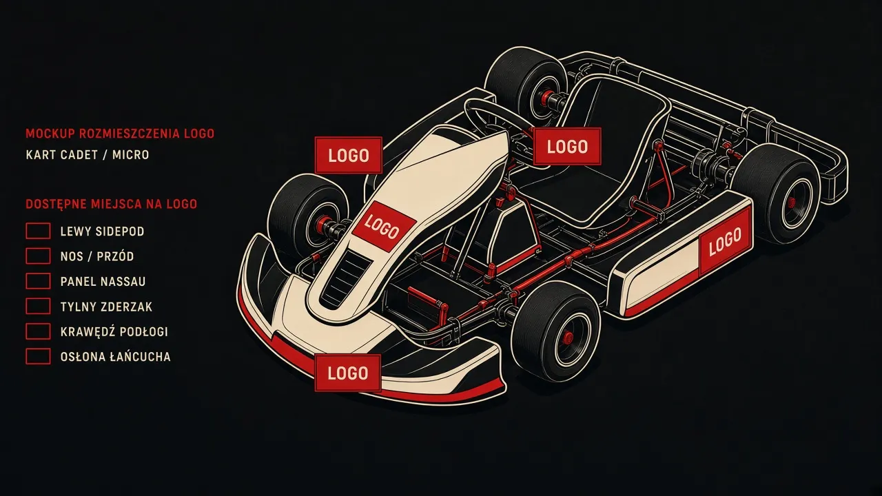 Schemat: kart z polami logo na nosie, osłonach i zderzaku