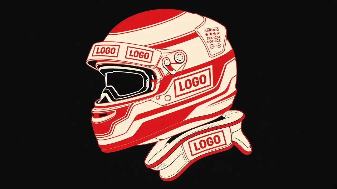 Schemat: kask kartingowy z polami logo na szybie i bokach