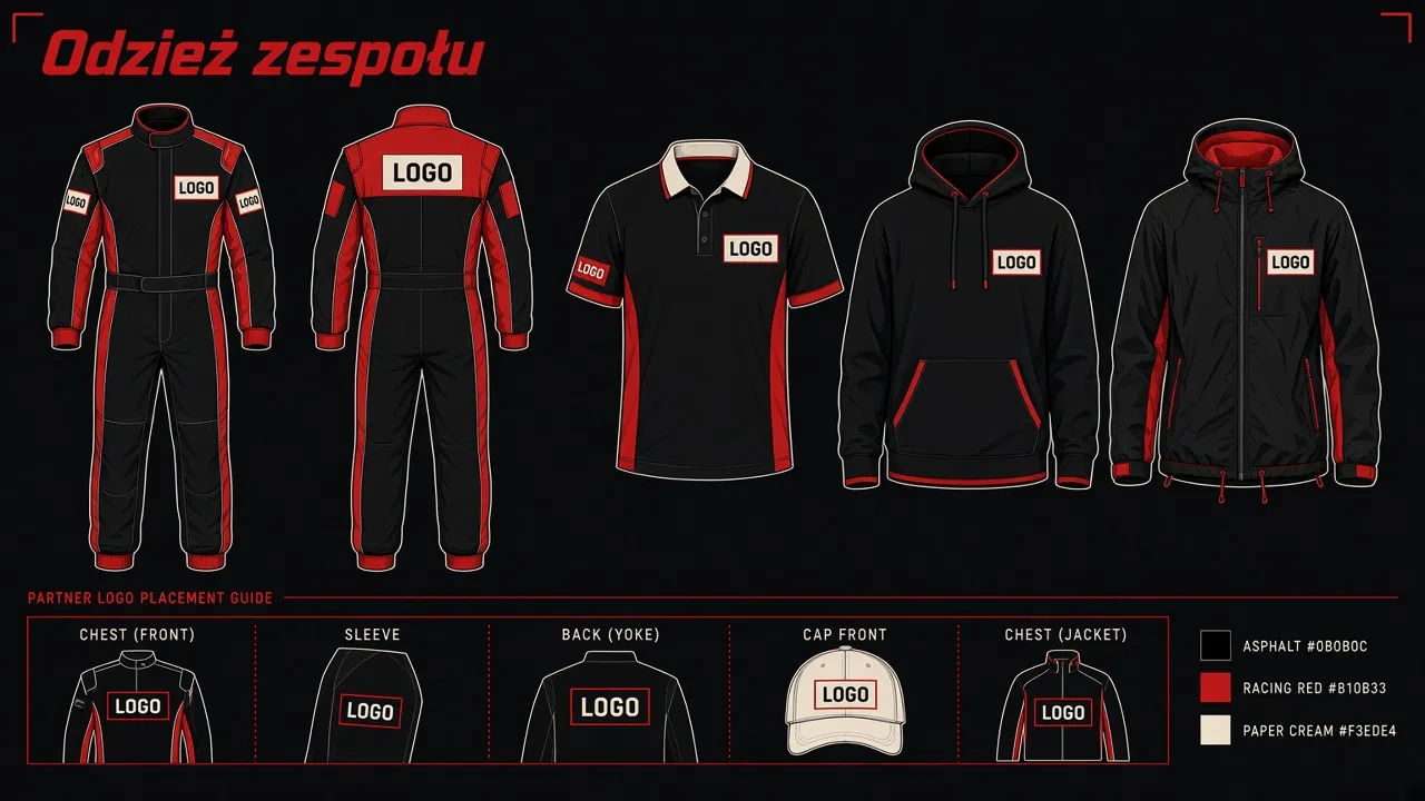 Schemat: kombinezon, polo, bluza i czapka z polami logo