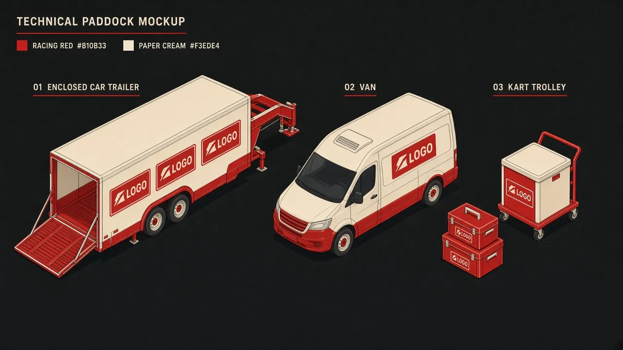 Schemat: przyczepa, bus i wózek z polami logo